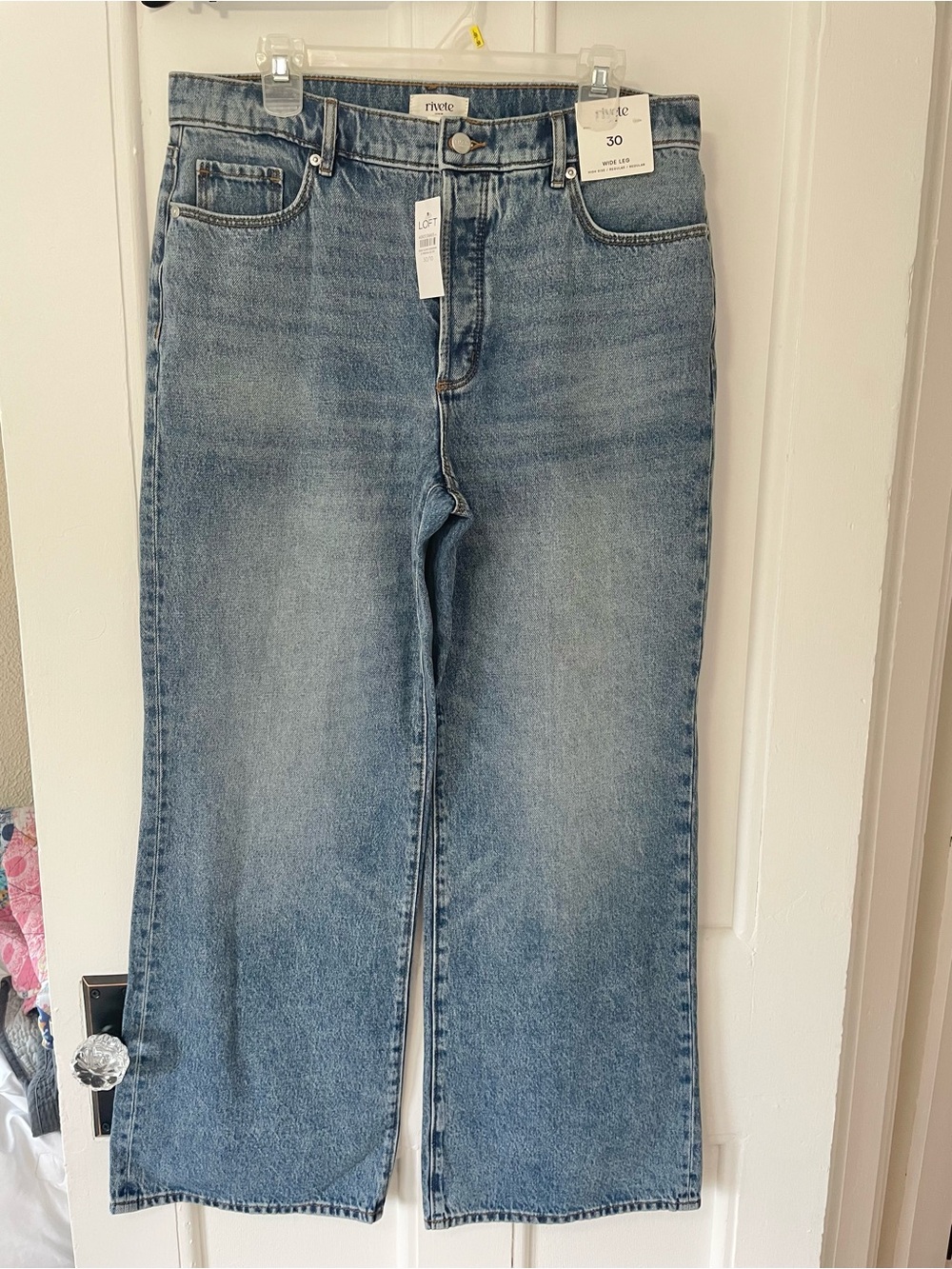 LOFT Womens 100% Cotton Rigid Denim Light Blue Hi-Rise Wide-Leg Button fly Jeans